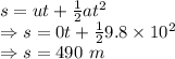 s=ut+\frac{1}{2}at^2\\\Rightarrow s=0t+\frac{1}{2}9.8\times 10^2\\\Rightarrow s=490\ m