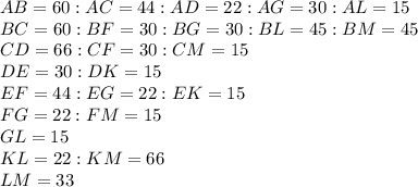 AB=60:AC=44:AD=22:AG=30:AL=15\\BC=60:BF=30:BG=30:BL=45:BM=45\\CD=66:CF=30:CM=15\\DE=30:DK=15\\EF=44:EG=22:EK=15\\FG=22:FM=15\\GL=15\\KL=22:KM=66\\LM=33