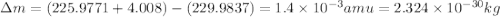 \Delta m=(225.9771+4.008)-(229.9837)=1.4\times 10^{-3}amu=2.324\times 10^{-30}kg