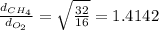 \frac{d_{CH_4}}{d_{O_2}}=\sqrt{\frac{32}{16}}=1.4142