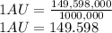 1 AU = \frac{149,598,000}{1000,000}\\1 AU = 149.598 \\