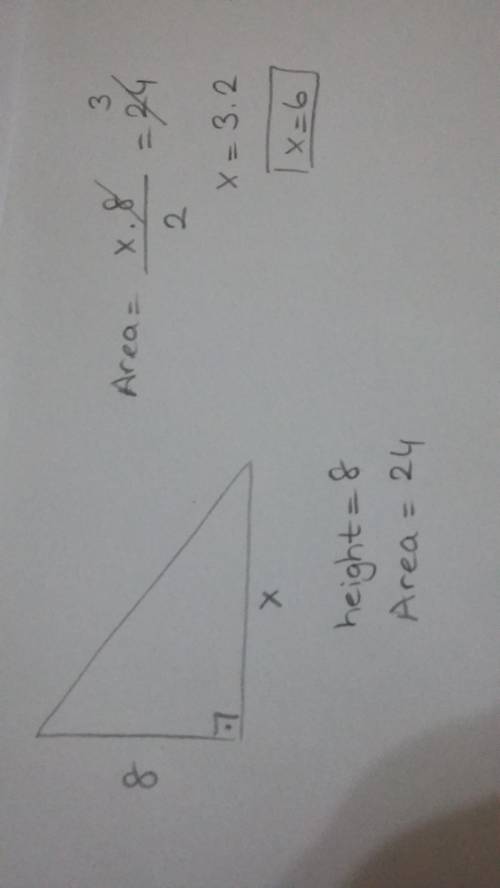 What is the measure of the base of a triangle that has a height of 8 centimeters and a area of 24 sq