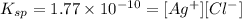 K_{sp}=1.77\times 10^{-10}=[Ag^+][Cl^-]