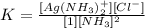 K=\frac{[Ag(NH_3)_2^{+}][Cl^-]}{[1][NH_3]^2}
