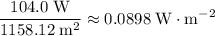 \displaystyle\rm  \frac{104.0\; W}{1158.12\; m^{2}}\approx 0.0898\; W\cdot m^{-2}
