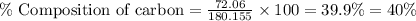 \%\text{ Composition of carbon}=\frac{72.06}{180.155}\times 100=39.9\%=40\%