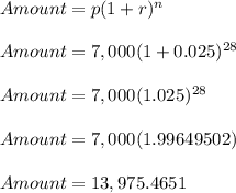 Amount = p(1+r)^n\\\\Amount = 7,000(1+0.025)^{28}\\\\Amount = 7,000(1.025)^{28}\\\\Amount = 7,000(1.99649502)\\\\Amount = 13,975.4651\\\\
