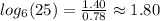 log_{6} (25)=\frac{1.40}{0.78} \approx 1.80
