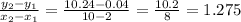\frac{y_{2}-y_{1}}{x_{2}-x_{1}}   = \frac{10.24-0.04}{10-2}  =\frac{10.2}{8} =1.275