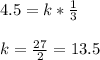 4.5=k* \frac{1}{3}&#10;\\~\\&#10;k= \frac{27}{2} =13.5