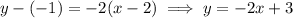 y-(-1)=-2(x-2)\implies y=-2x+3