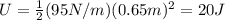 U=\frac{1}{2}(95 N/m)(0.65 m)^2=20 J