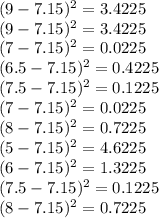 (9-7.15) ^{2} =3.4225  \\ (9-7.15) ^{2} =3.4225  \\ (7-7.15)^{2} = 0.0225  \\ (6.5-7.15)^{2} = 0.4225  \\  (7.5-7.15)^{2} = 0.1225  \\ (7-7.15)^{2} = 0.0225 \\  (8-7.15)^{2} = 0.7225 \\ (5-7.15)^{2} = 4.6225  \\  (6-7.15)^{2} = 1.3225  \\ (7.5-7.15)^{2} = 0.1225  \\  (8-7.15)^{2} = 0.7225