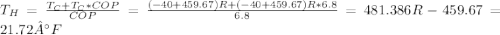 T_H = \frac{T_C + T_C*COP}{COP} = \frac{(-40+459.67)R + (-40+459.67)R*6.8}{6.8}=481.386 R - 459.67 = 21.72°F