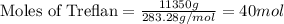 \text{Moles of Treflan}=\frac{11350g}{283.28g/mol}=40mol
