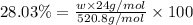 28.03\%=\frac{w\times 24 g/mol}{520.8 g/mol}\times 100