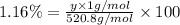 1.16\%=\frac{y\times 1 g/mol}{520.8 g/mol}\times 100