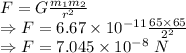 F=G\frac{m_1m_2}{r^2}\\\Rightarrow F=6.67\times 10^{-11} \frac{65\times 65}{2^2}\\\Rightarrow F=7.045\times 10^{-8}\ N