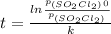 t=\frac{ln\frac{p_{(SO_{2}Cl_{2})}_{0}}{p_{(SO_{2}Cl_{2})}} }{k}