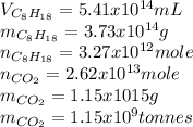 V_{C_{8}H_{18}}=5.41x10^{14}mL\\m_{C_{8}H_{18}}=3.73x10^{14}g\\n_{C_{8}H_{18}}=3.27x10^{12}mole\\n_{CO_{2}}=2.62x10^{13}mole\\m_{CO_{2}}=1.15x1015g\\m_{CO_{2}}=1.15x10^{9}tonnes