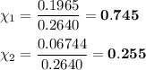\chi_{1} =\dfrac{0.1965}{0.2640} = \mathbf{0.745}\\\\\chi_{2} =\dfrac{0.06744}{0.2640} = \mathbf{0.255}