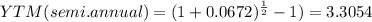 YTM(semi.annual)=(1+0.0672)^{\frac{1}{2} } -1)=3.3054%