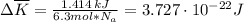 \Delta\overline K= \frac{1.414\, kJ}{6.3mol*N_a} =3.727\cdot 10^{-22}J