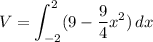 V=\displaystyle\int_{-2}^{2}(9-\frac{9}{4}x^2)\,dx