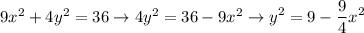 9x^2+4y^2=36\to 4y^2=36-9x^2\to \displaystyle y^2=9-\frac{9}{4}x^2