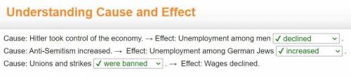 Cause:  hitler took control of the economy. - effect:  unemployment among men cause:  anti-semitism