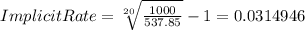 ImplicitRate=\sqrt[20]{\frac{1000}{537.85} } -1=0.0314946