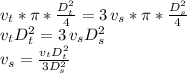 v_t*\pi*\frac{D_t^2}{4}=3\,v_s*\pi*\frac{D_s^2}{4}\\v_tD_t^2=3\,v_sD_s^2\\v_s= \frac{v_tD_t^2}{3D_s^2}