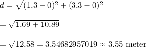 d=\sqrt{(1.3-0)^2+(3.3-0)^2}\\\\=\sqrt{1.69+10.89}\\\\=\sqrt{12.58}=3.54682957019\approx3.55\text{ meter}