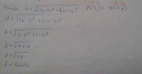 What is the distance between point a(2,9) and b(-2,6)