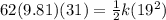 62(9.81)(31) = \frac{1}{2}k (19^2)