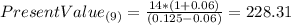 PresentValue_{(9)} =\frac{14*(1+0.06)}{(0.125-0.06)} =228.31