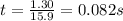 t = \frac{1.30}{15.9} = 0.082 s