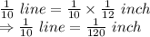 \frac{1}{10}\ line=\frac{1}{10}\times \frac{1}{12}\ inch\\\Rightarrow \frac{1}{10}\ line=\frac{1}{120}\ inch