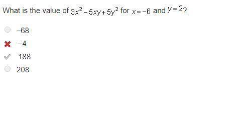 What is the value of 3x^2-5xy+5y^2 for x=-6 and y=2?  -68 -4 188 208