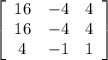 \left[\begin{array}{ccc}16&-4&4\\16&-4&4\\4&-1&1\end{array}\right]