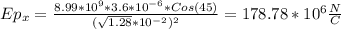 Ep_x=\frac{8.99*10^9*3.6*10^{-6}*Cos(45)}{(\sqrt{1.28}*10^{-2})^2 } = 178.78*10^6\frac{N}{C}