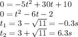 0=-5t^2+30t+10\\0=t^2-6t-2\\t_1=3-\sqrt{11}= -0.3s\\t_2=3+\sqrt{11}=6.3s