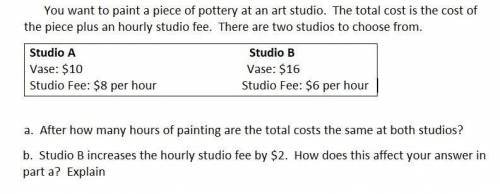 You want to paint a piece of pottery at an art studio.the total cost is the cost of the price plus a