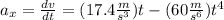 a_{x} =\frac{dv}{dt} =(17.4\frac{m}{s^{3} } )t-(60\frac{m}{s^{6} } )t^{4}