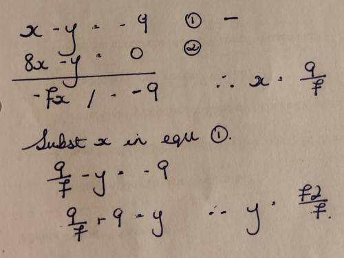 Solve the system of equations.x=y−98x−y=0x=? y=?