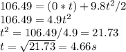 106.49=(0*t)+ 9.8t^2/2\\106.49=4.9t^2\\t^2=106.49/4.9=21.73\\t=\sqrt{21.73}=4.66s