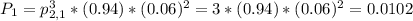 P_{1} = p^{3}_{2,1}*(0.94)*(0.06)^{2} = 3*(0.94)*(0.06)^{2} = 0.0102