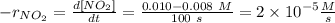 -r_{NO_2}=\frac{d\left[NO_2\right]}{dt}=\frac{0.010-0.008\ M}{100\ s}=2\times{10}^{-5}\frac{M}{s}