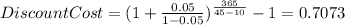 DiscountCost=(1+\frac{0.05}{1-0.05}) ^{\frac{365}{45-10} } -1=0.7073