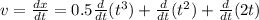 v=\frac{dx}{dt}=0.5\frac{d}{dt}(t^{3} )+\frac{d}{dt}(t^{2})+\frac{d}{dt}(2t)